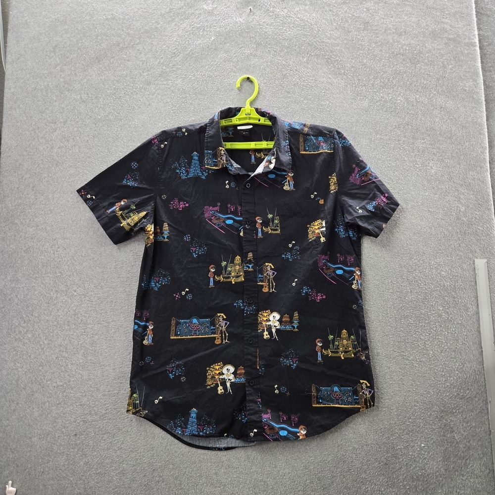 Pixar Men Button Up Shirt XL Black Graphic Characters Castle Casual